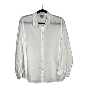 J Jill Petite White Linen Button Down Shirt Classic Long Sleeve Top Size S